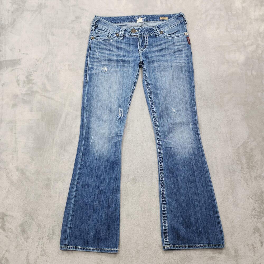 Silver Jeans Womens W28/L31 Blue Tuesday Low Rise Distressed Bootcut Denim Jeans